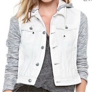 Women's White Hooded Denim Vest with Gray Knit Sleeves